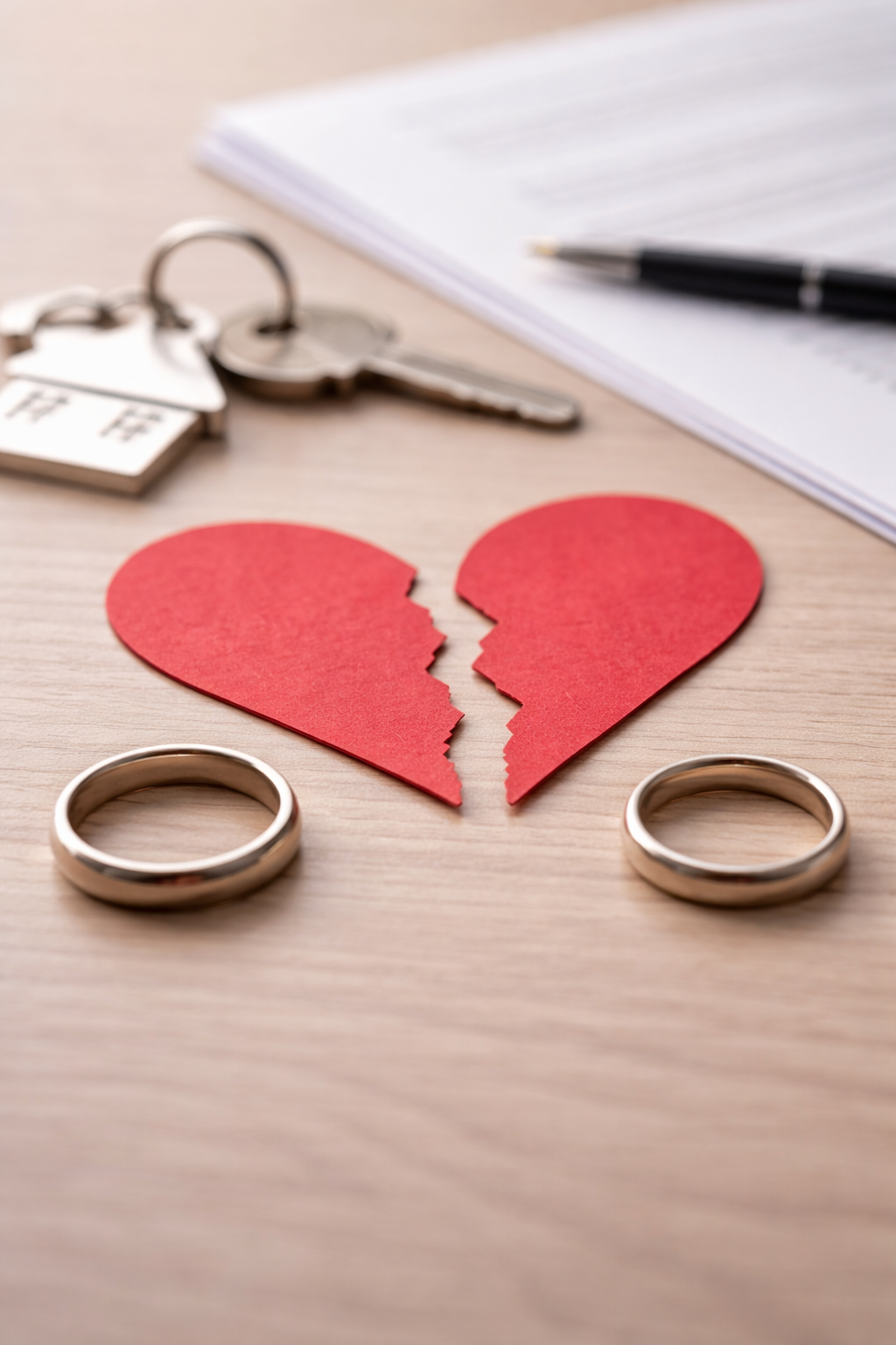 Broken red heart with separated wedding rings representing separation under Australian family law