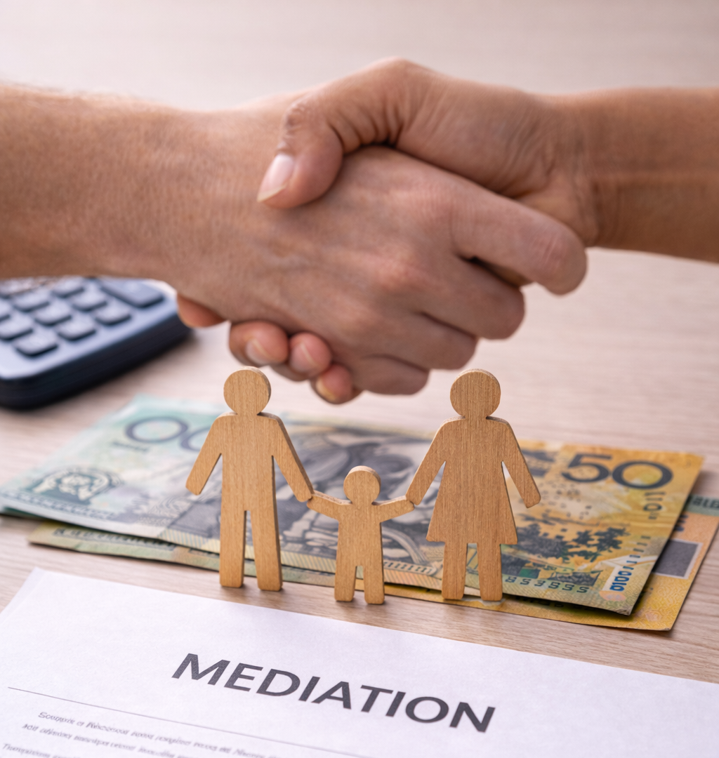 Handshake above a mediation agreement with family figures and Australian currency, representing family law mediation under Australian family law Handshake above a mediation agreement with family figures and Australian currency, representing family law mediation under Australian family law
