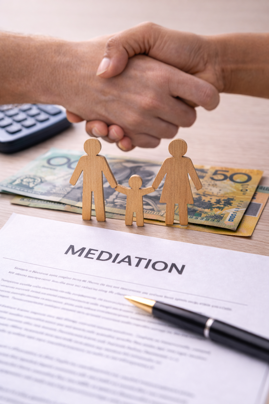 Handshake above a mediation agreement with family figures and Australian currency, representing family law mediation under Australian family law