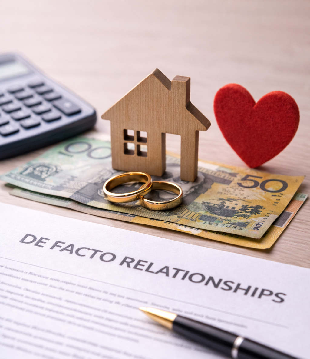 House model, wedding rings, and Australian currency on a document representing de facto relationship property and financial matters under Australian family law