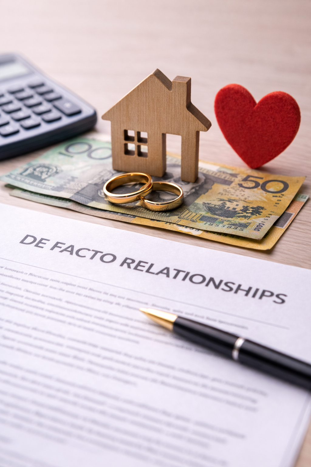 House model, wedding rings, and Australian currency on a document representing de facto relationship property and financial matters under Australian family law