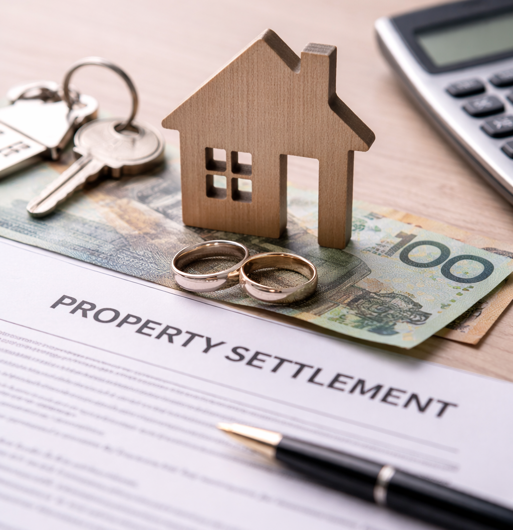 House model, wedding rings, and keys on a document representing property settlement under Australian family law