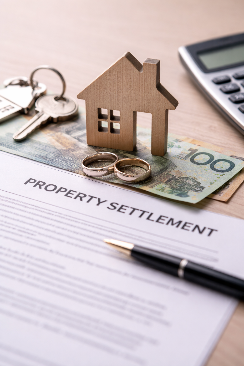 House model, wedding rings, and keys on a document representing property settlement under Australian family law