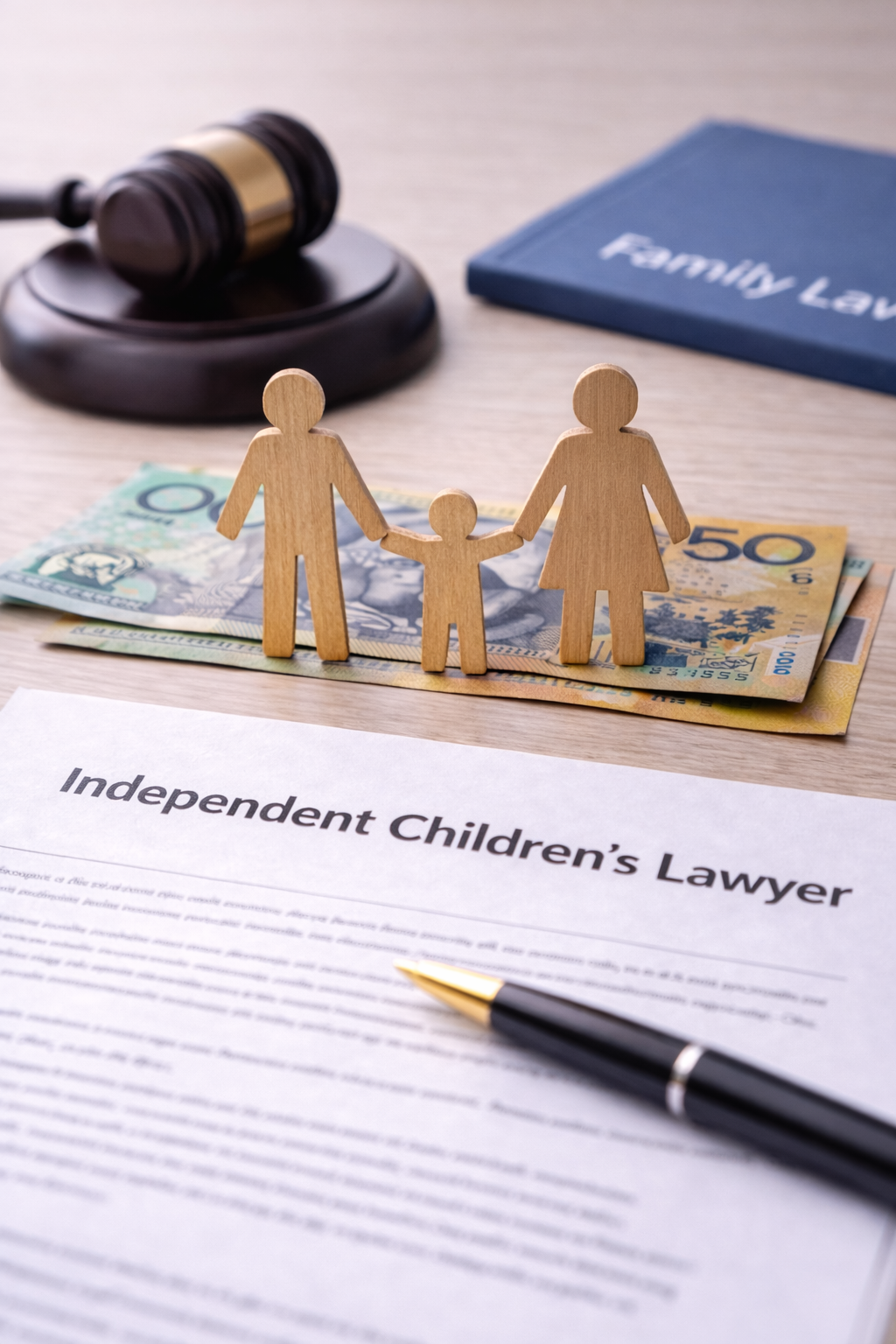 Independent Children’s Lawyer document with family figures, judge’s gavel, and Australian currency representing child-focused family law proceedings in Australia