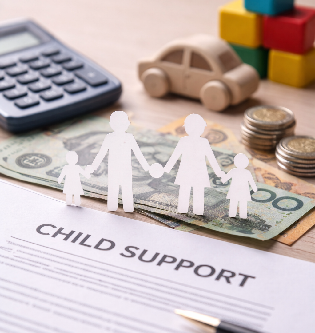 Paper family figures standing on Australian currency beside a child support document, symbolising child support under Australian family law