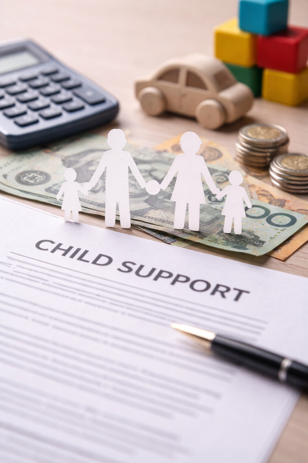 Paper family figures standing on Australian currency beside a child support document, symbolising child support under Australian family law