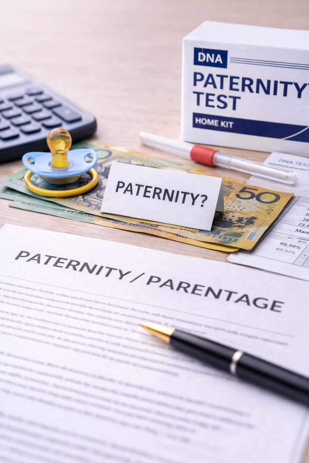 Paternity and parentage documents with a DNA test kit, baby pacifier, and Australian currency, representing paternity issues under Australian family law