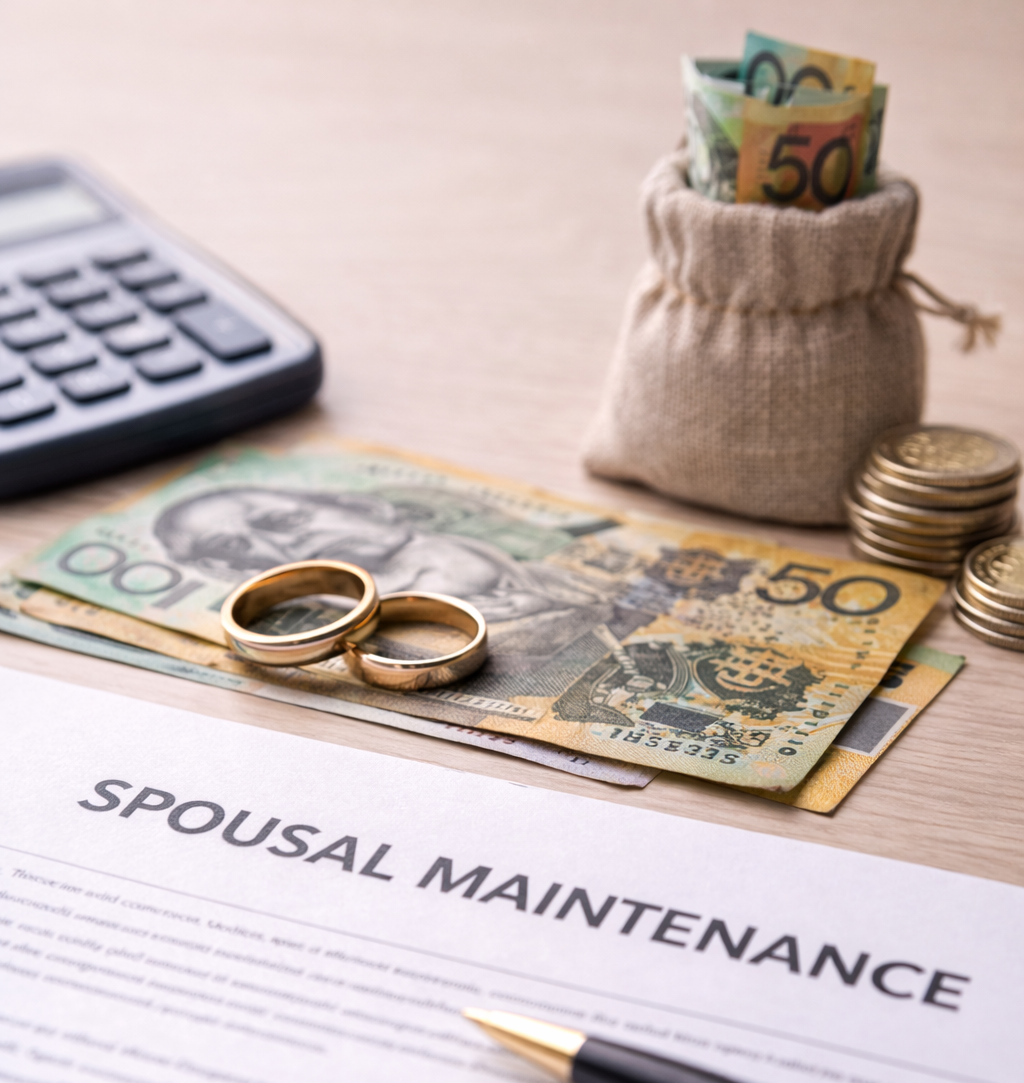 Wedding rings placed on Australian currency beside a spousal maintenance document, representing financial support after separation under Australian family law