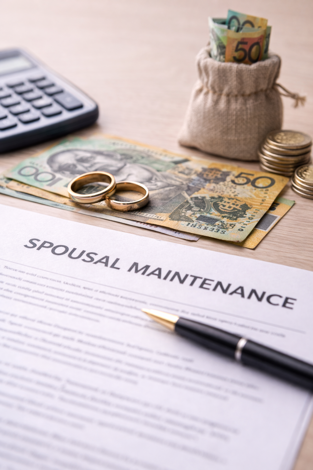 Wedding rings placed on Australian currency beside a spousal maintenance document, representing financial support after separation under Australian family law